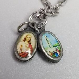 Vintage Little Religious Pendant Charms Necklace Jesus Mary Colorful Silver Tone